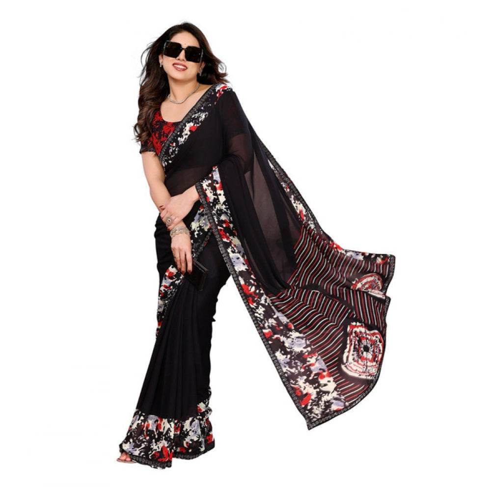 Generic Women's Georgette Printed Saree With Unstitched Blouse 5.5Mtr (Black) - MYLUXURY LANE ENTERPRISE