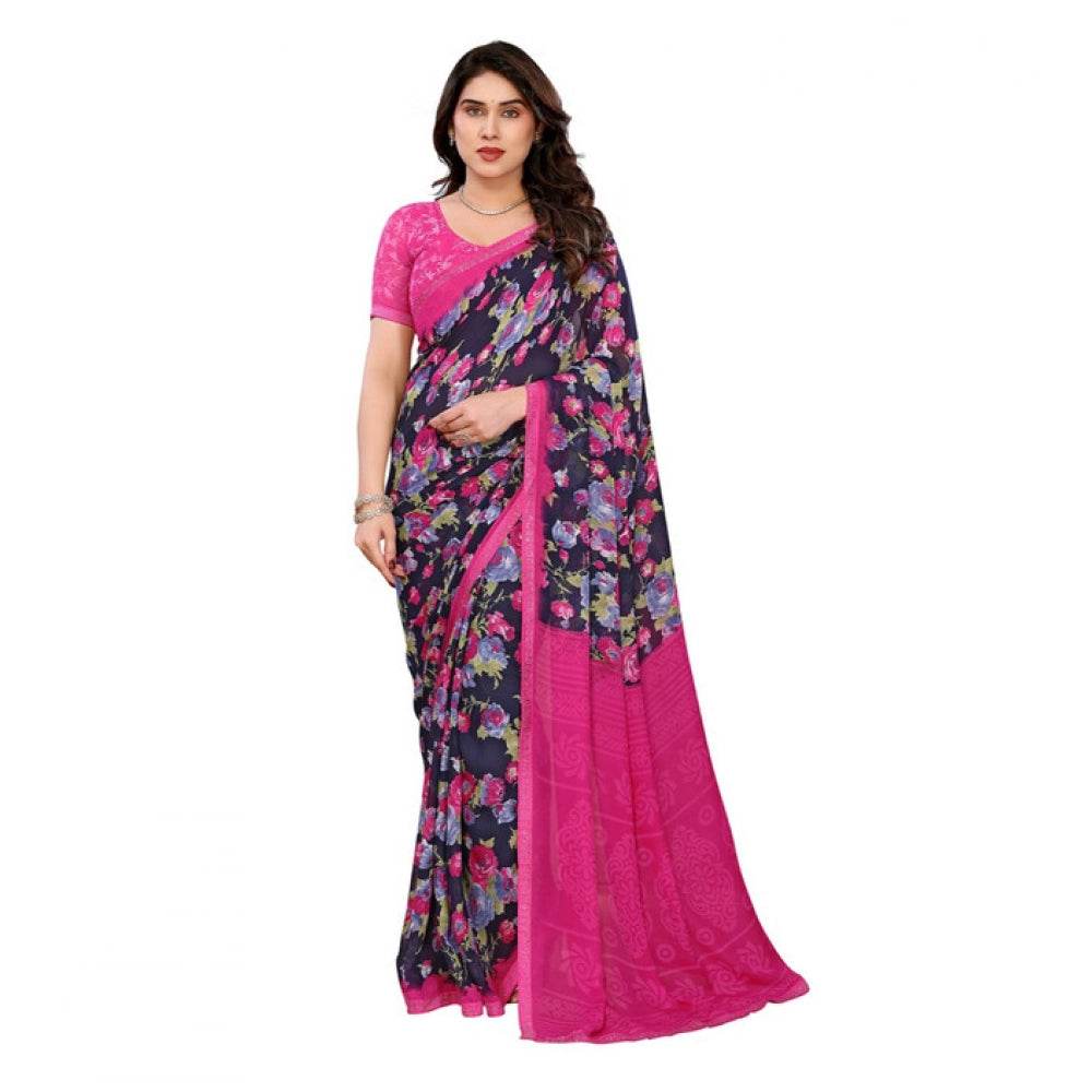Generic Women's Georgette Printed Saree With Unstitched Blouse 5.5Mtr (Blue) - MYLUXURY LANE ENTERPRISE