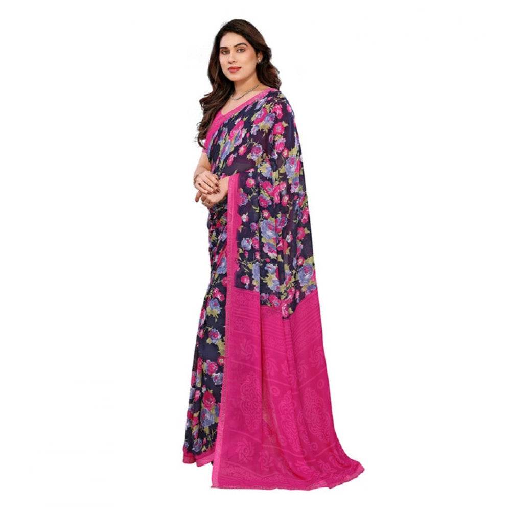 Generic Women's Georgette Printed Saree With Unstitched Blouse 5.5Mtr (Blue) - MYLUXURY LANE ENTERPRISE