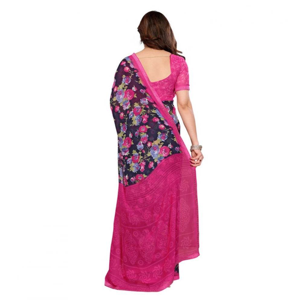 Generic Women's Georgette Printed Saree With Unstitched Blouse 5.5Mtr (Blue) - MYLUXURY LANE ENTERPRISE