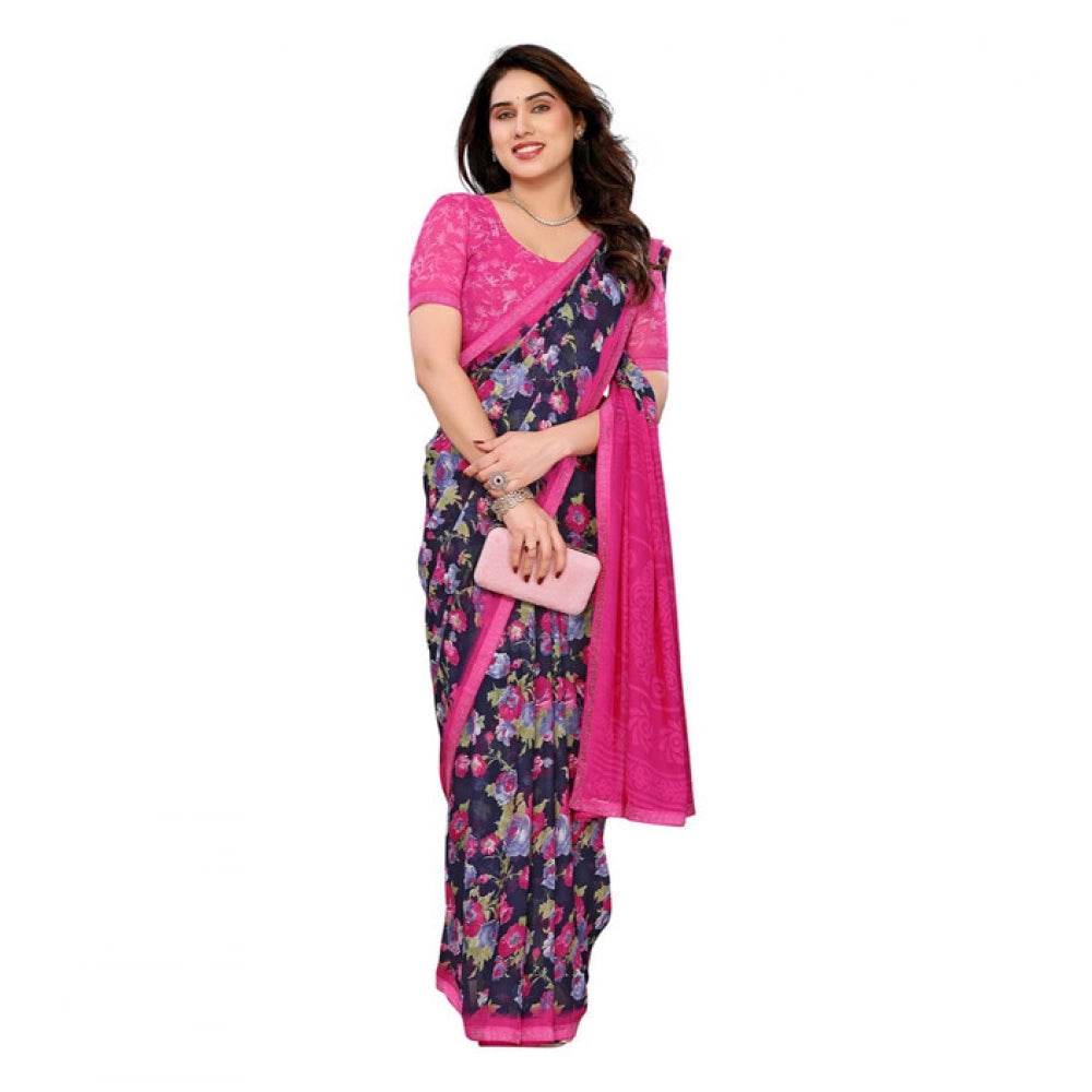 Generic Women's Georgette Printed Saree With Unstitched Blouse 5.5Mtr (Blue) - MYLUXURY LANE ENTERPRISE