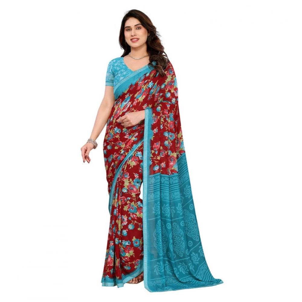 Generic Women's Georgette Printed Saree With Unstitched Blouse 5.5Mtr (Maroon) - MYLUXURY LANE ENTERPRISE