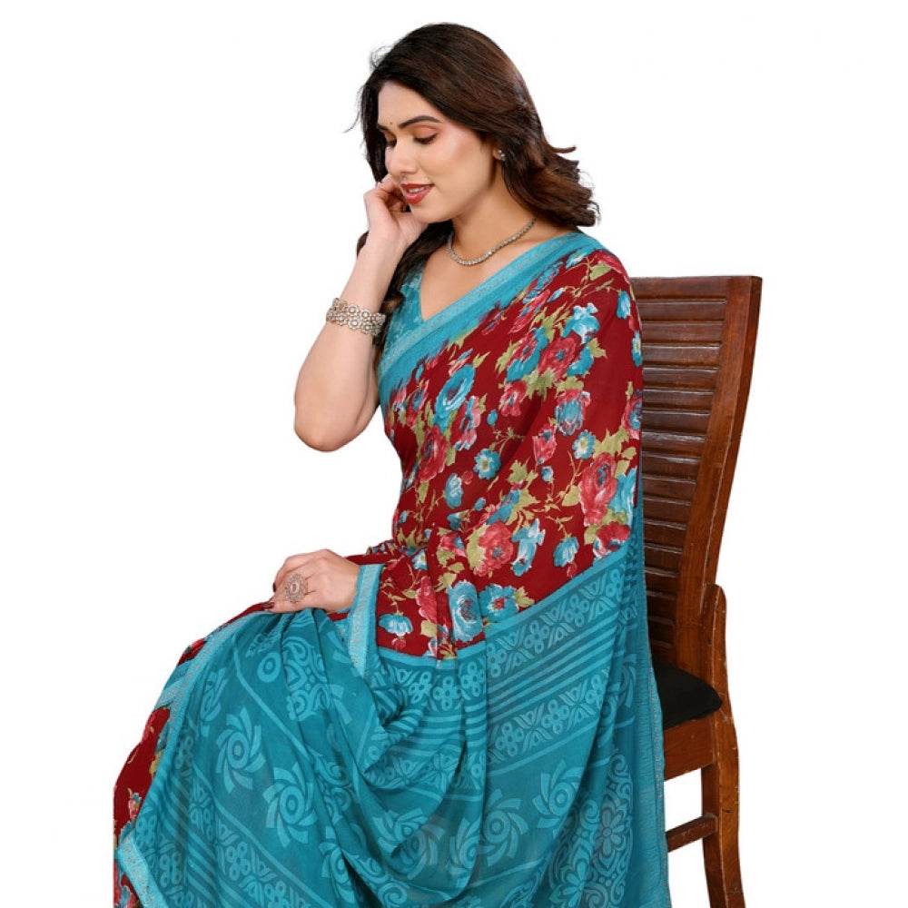 Generic Women's Georgette Printed Saree With Unstitched Blouse 5.5Mtr (Maroon) - MYLUXURY LANE ENTERPRISE