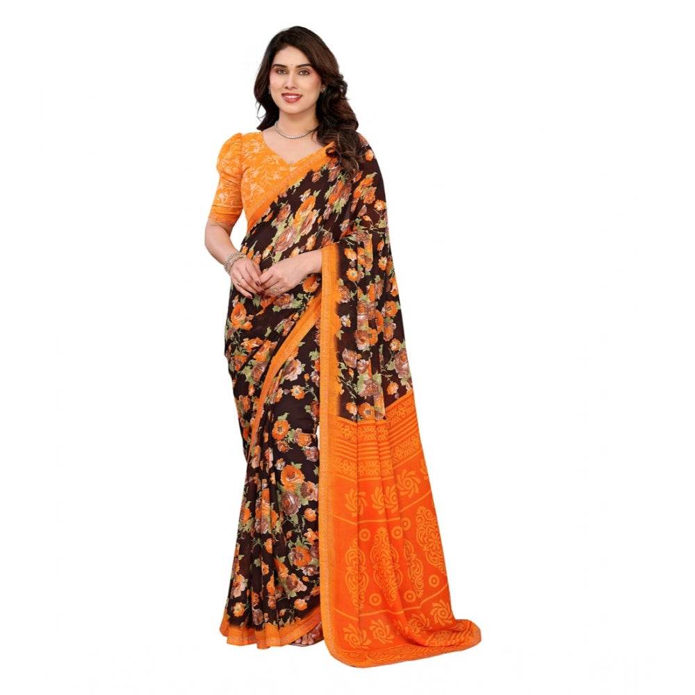 Generic Women's Georgette Printed Saree With Unstitched Blouse 5.5Mtr (Mustard) - MYLUXURY LANE ENTERPRISE
