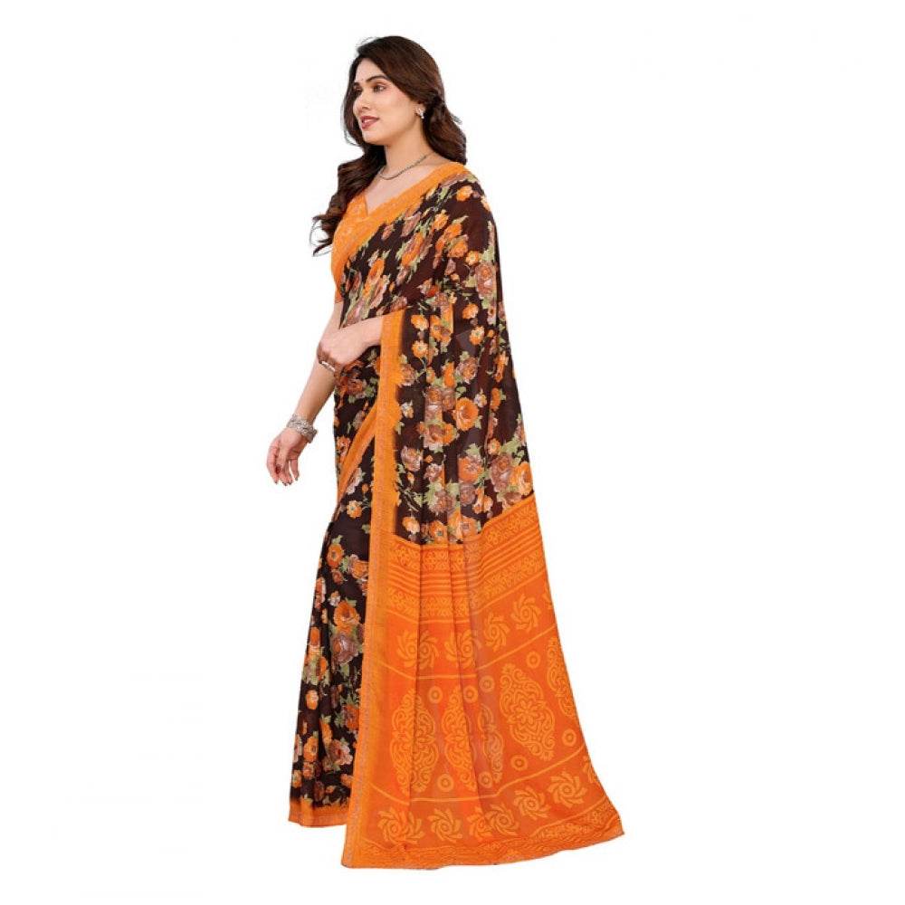 Generic Women's Georgette Printed Saree With Unstitched Blouse 5.5Mtr (Mustard) - MYLUXURY LANE ENTERPRISE