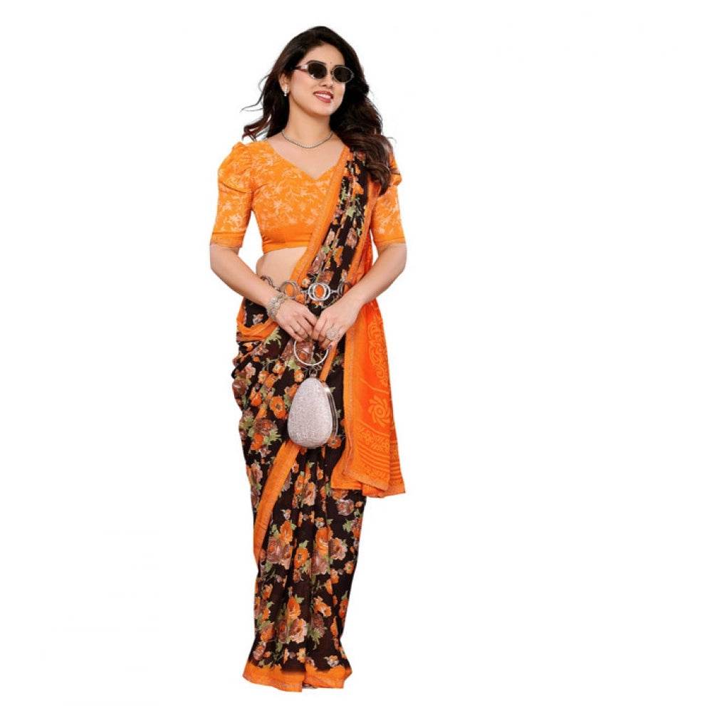 Generic Women's Georgette Printed Saree With Unstitched Blouse 5.5Mtr (Mustard) - MYLUXURY LANE ENTERPRISE
