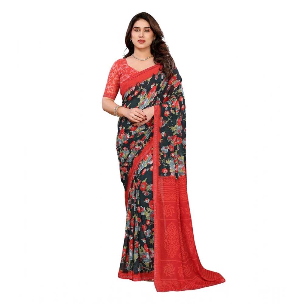 Generic Women's Georgette Printed Saree With Unstitched Blouse 5.5Mtr (Green) - MYLUXURY LANE ENTERPRISE