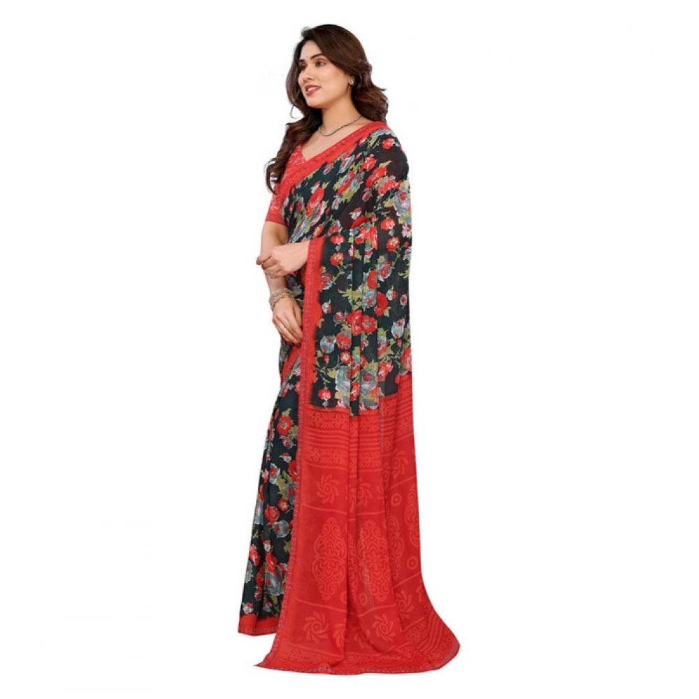 Generic Women's Georgette Printed Saree With Unstitched Blouse 5.5Mtr (Green) - MYLUXURY LANE ENTERPRISE
