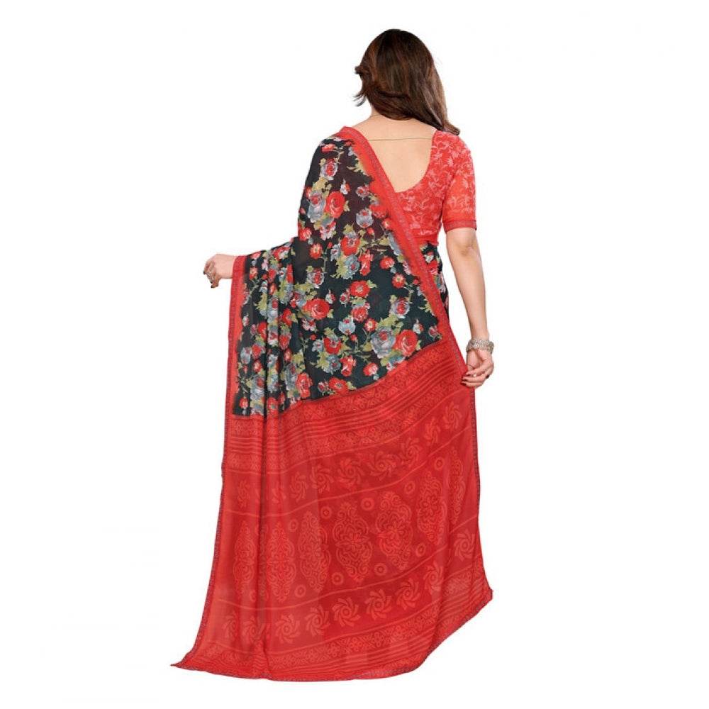Generic Women's Georgette Printed Saree With Unstitched Blouse 5.5Mtr (Green) - MYLUXURY LANE ENTERPRISE
