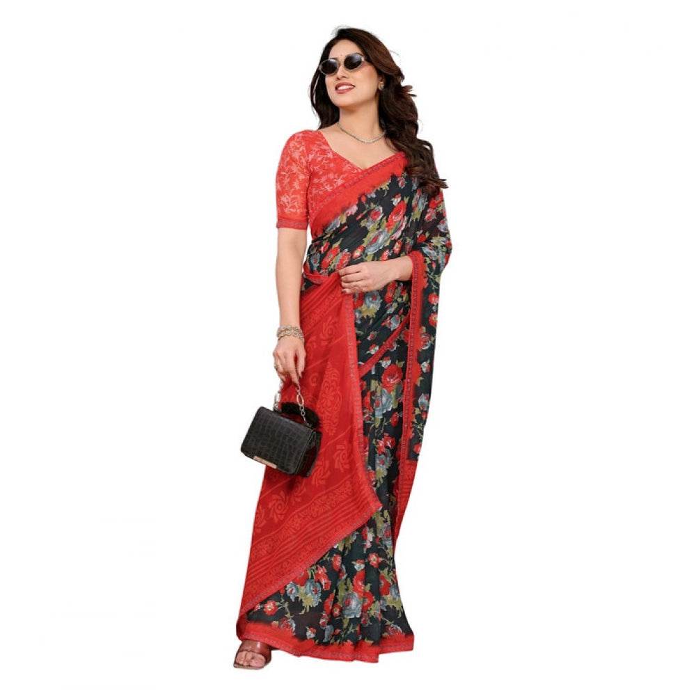 Generic Women's Georgette Printed Saree With Unstitched Blouse 5.5Mtr (Green) - MYLUXURY LANE ENTERPRISE