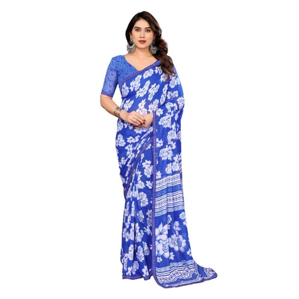 Generic Women's Georgette Printed Saree With Unstitched Blouse 5.5Mtr (Blue) - MYLUXURY LANE ENTERPRISE