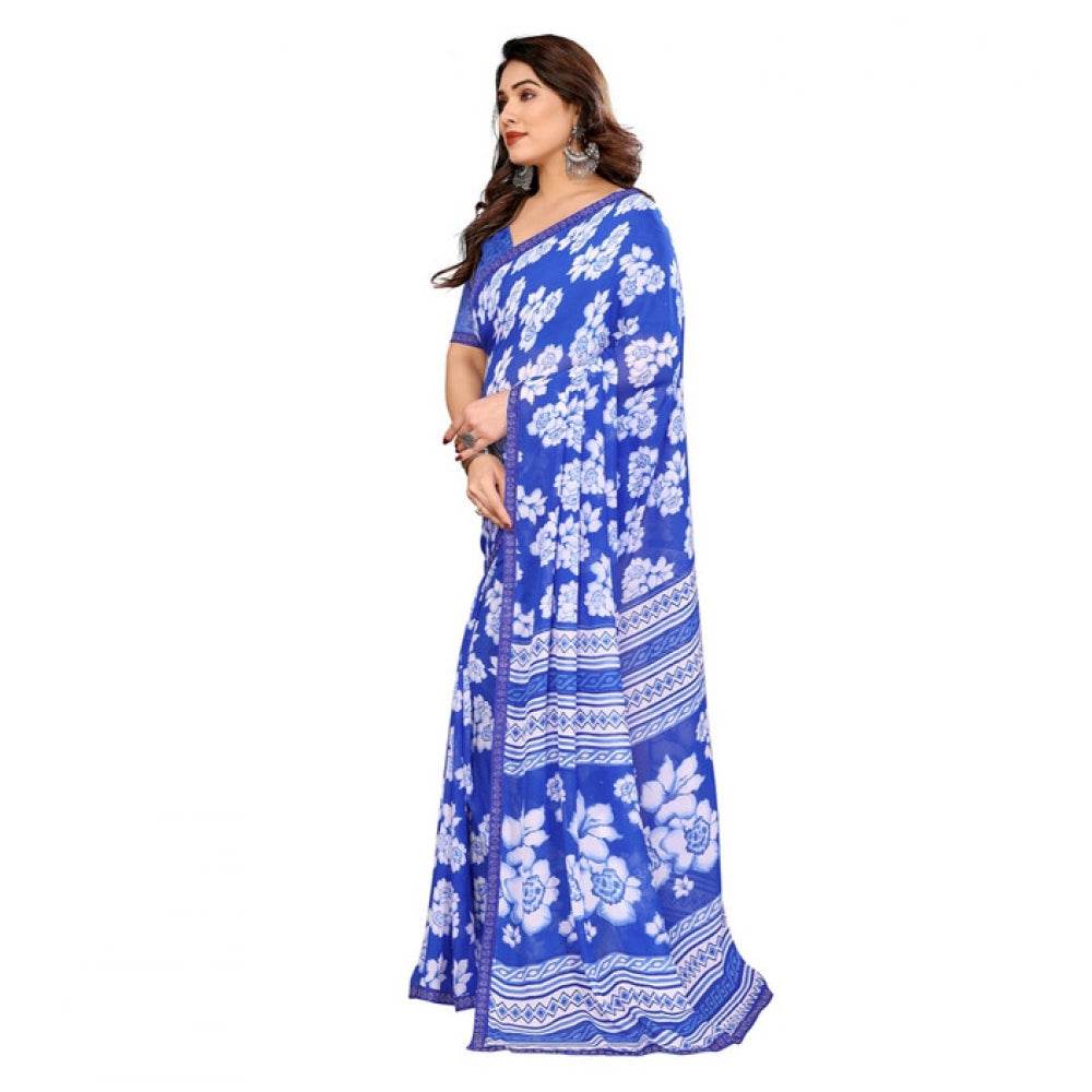 Generic Women's Georgette Printed Saree With Unstitched Blouse 5.5Mtr (Blue) - MYLUXURY LANE ENTERPRISE