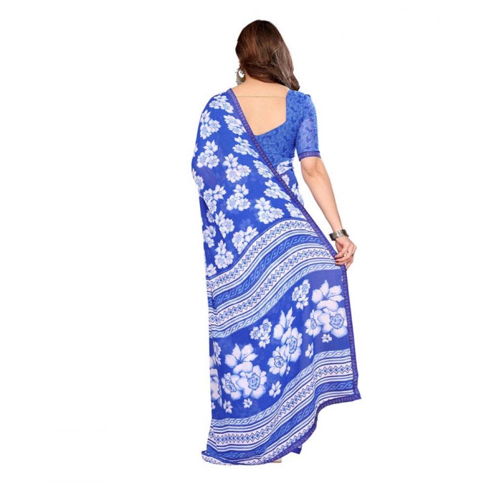 Generic Women's Georgette Printed Saree With Unstitched Blouse 5.5Mtr (Blue) - MYLUXURY LANE ENTERPRISE