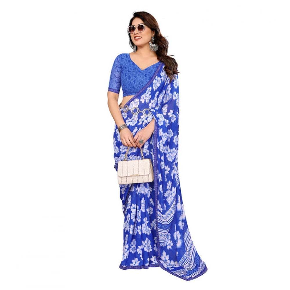 Generic Women's Georgette Printed Saree With Unstitched Blouse 5.5Mtr (Blue) - MYLUXURY LANE ENTERPRISE