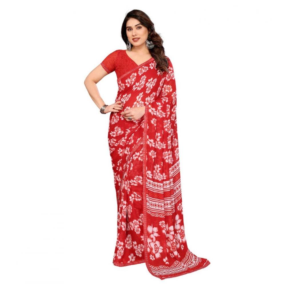 Generic Women's Georgette Printed Saree With Unstitched Blouse 5.5Mtr (Red) - MYLUXURY LANE ENTERPRISE