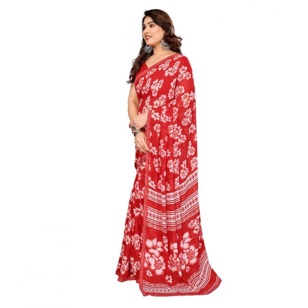 Generic Women's Georgette Printed Saree With Unstitched Blouse 5.5Mtr (Red) - MYLUXURY LANE ENTERPRISE