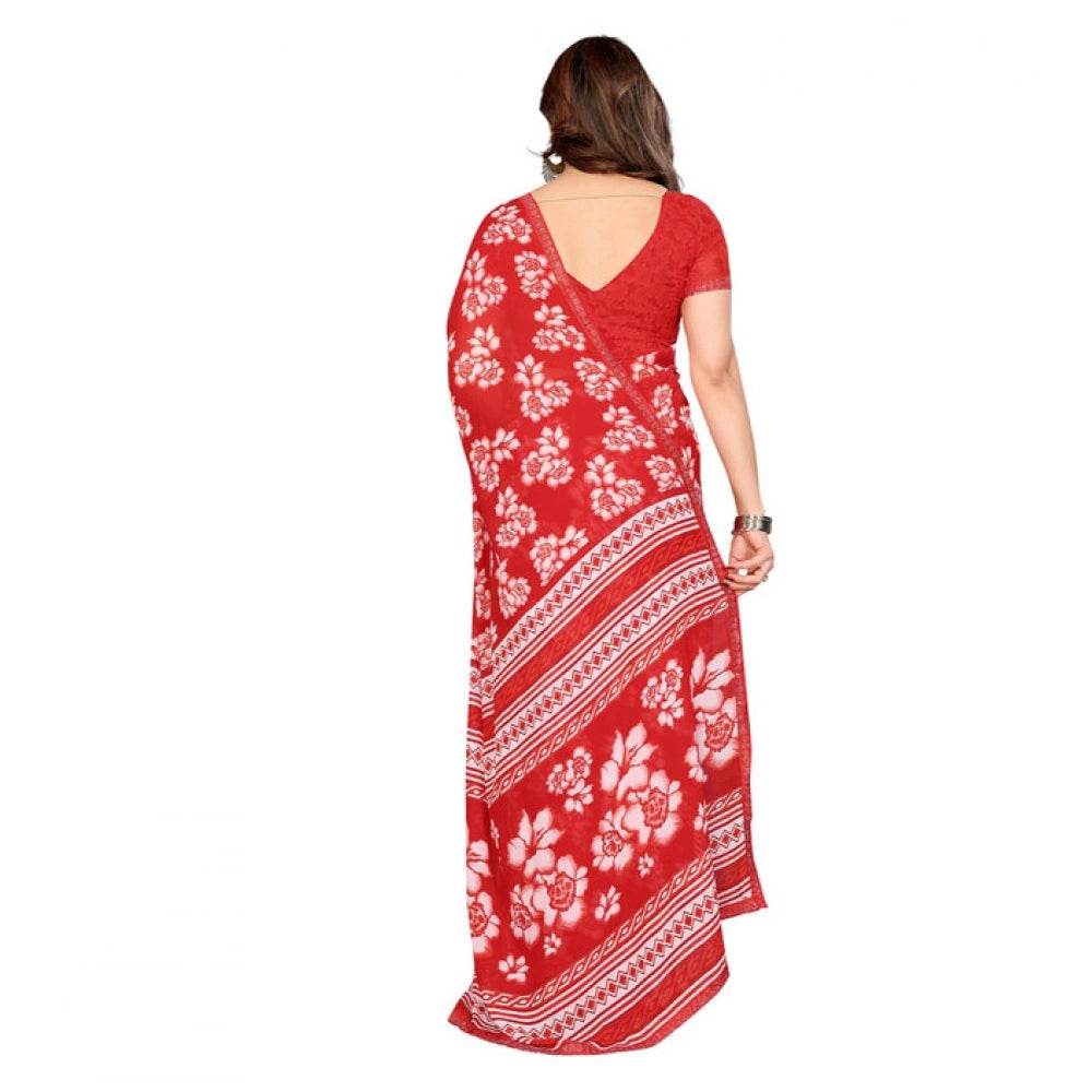 Generic Women's Georgette Printed Saree With Unstitched Blouse 5.5Mtr (Red) - MYLUXURY LANE ENTERPRISE