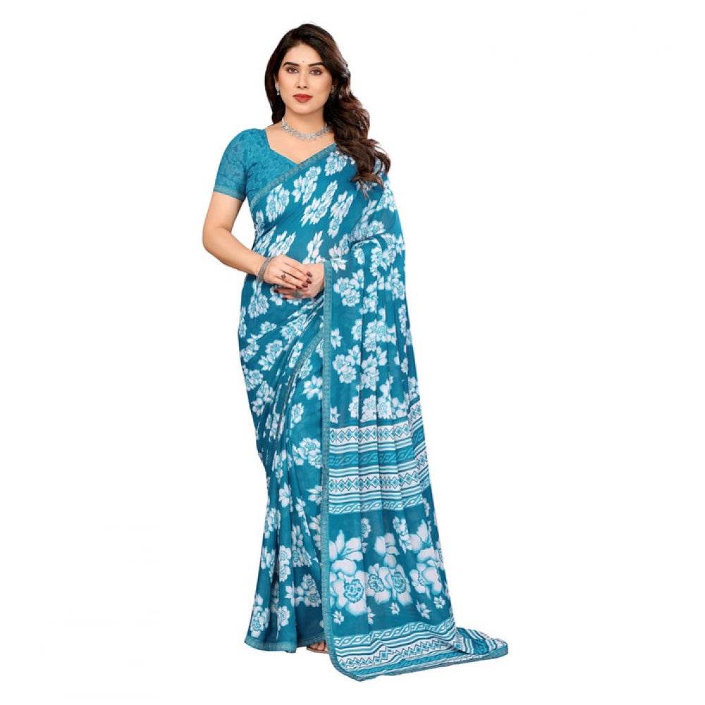 Generic Women's Georgette Printed Saree With Unstitched Blouse 5.5Mtr (Sky Blue) - MYLUXURY LANE ENTERPRISE