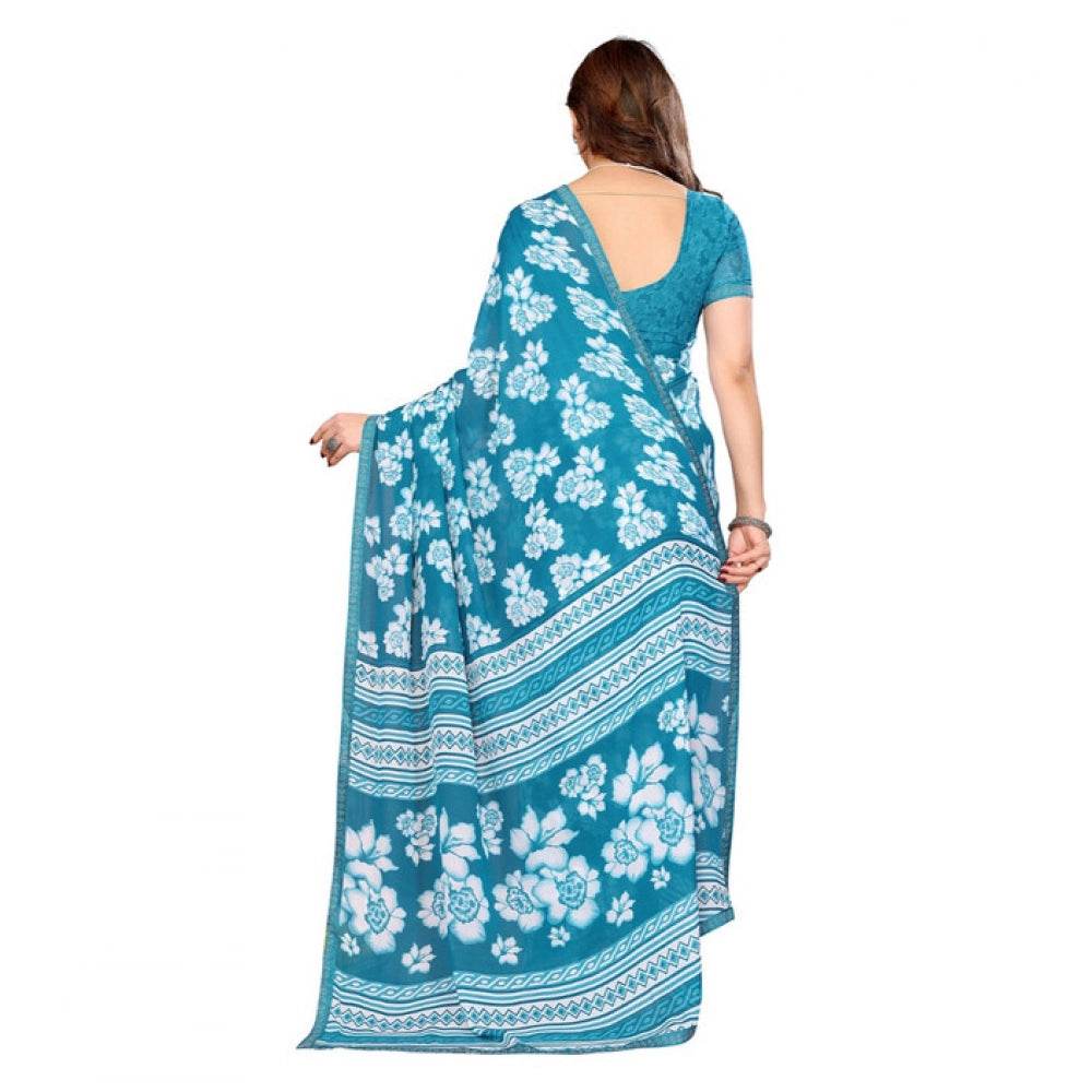 Generic Women's Georgette Printed Saree With Unstitched Blouse 5.5Mtr (Sky Blue) - MYLUXURY LANE ENTERPRISE