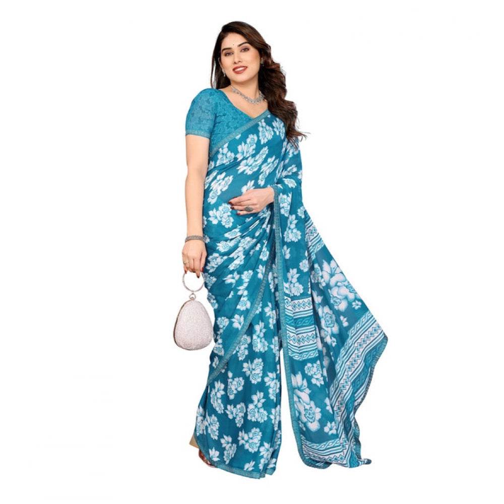 Generic Women's Georgette Printed Saree With Unstitched Blouse 5.5Mtr (Sky Blue) - MYLUXURY LANE ENTERPRISE
