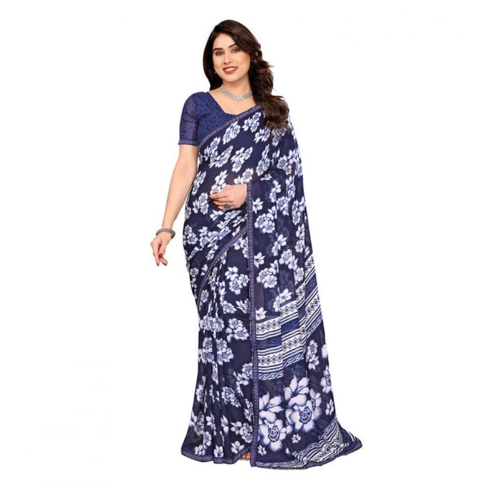 Generic Women's Georgette Printed Saree With Unstitched Blouse 5.5Mtr (Blue) - MYLUXURY LANE ENTERPRISE
