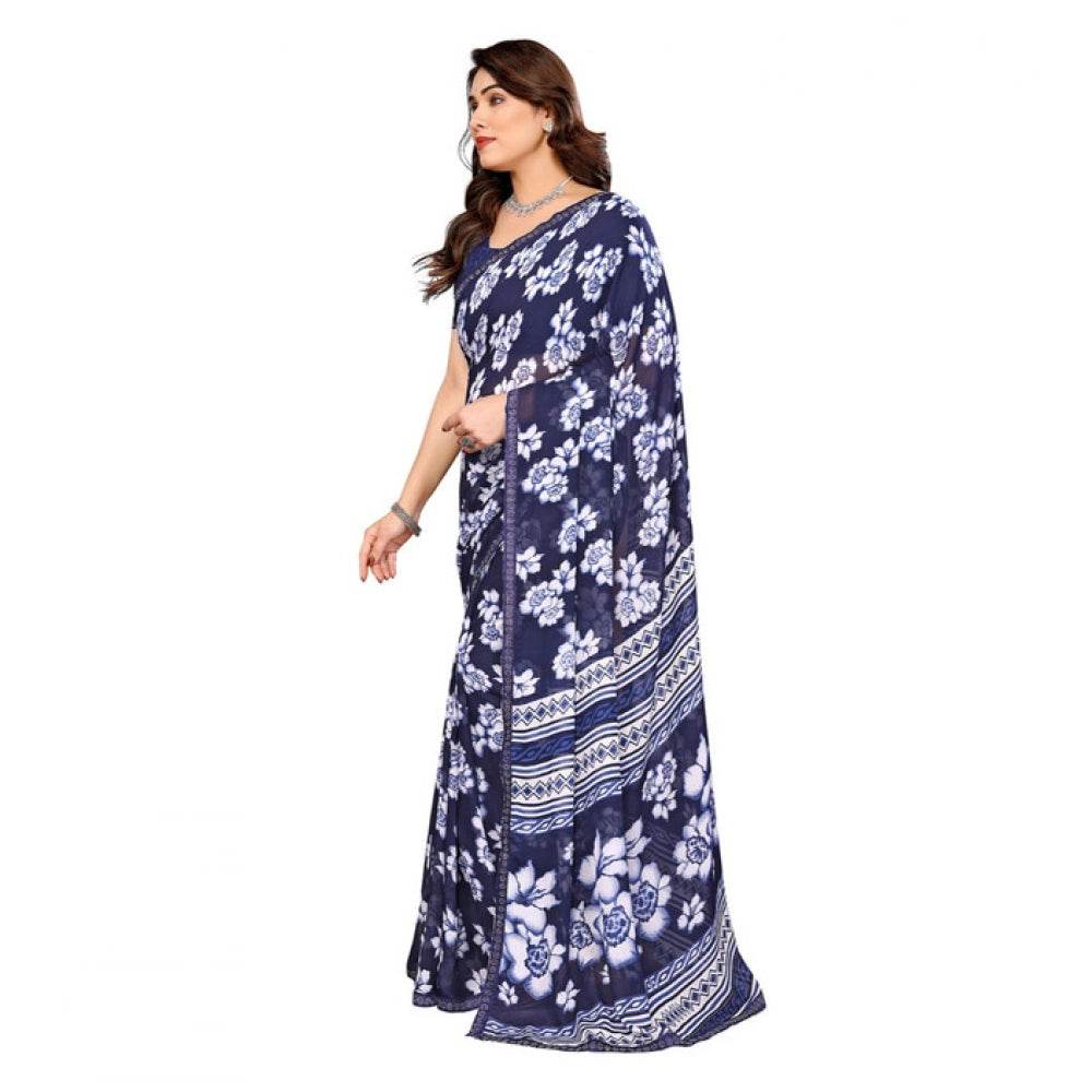 Generic Women's Georgette Printed Saree With Unstitched Blouse 5.5Mtr (Blue) - MYLUXURY LANE ENTERPRISE