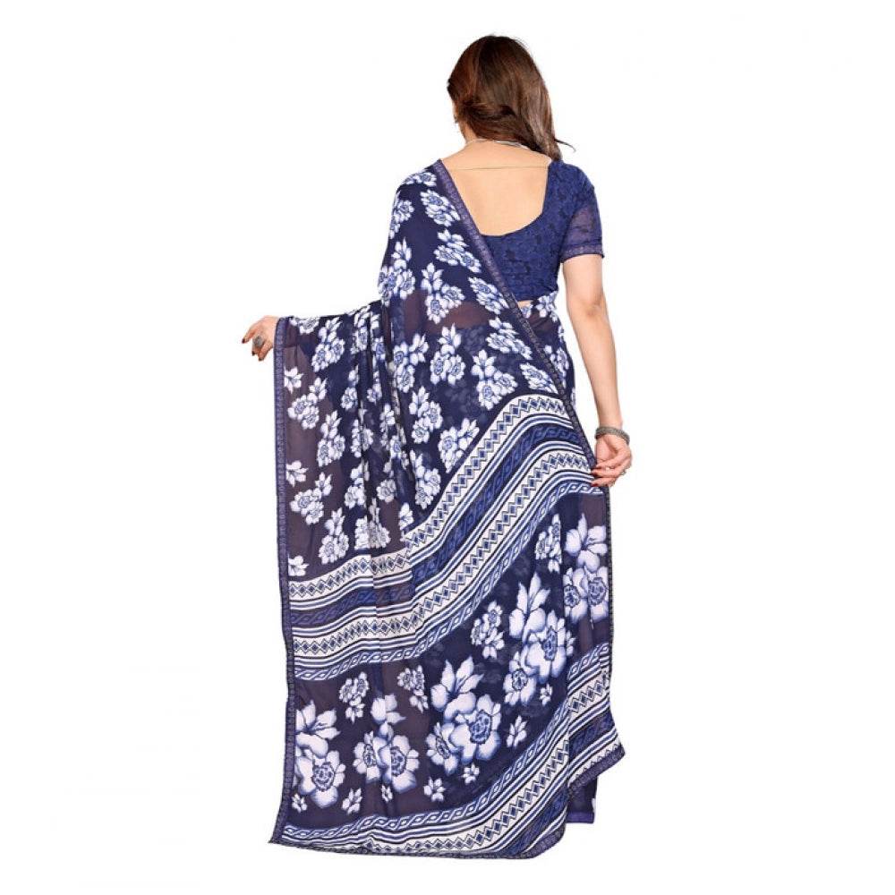 Generic Women's Georgette Printed Saree With Unstitched Blouse 5.5Mtr (Blue) - MYLUXURY LANE ENTERPRISE