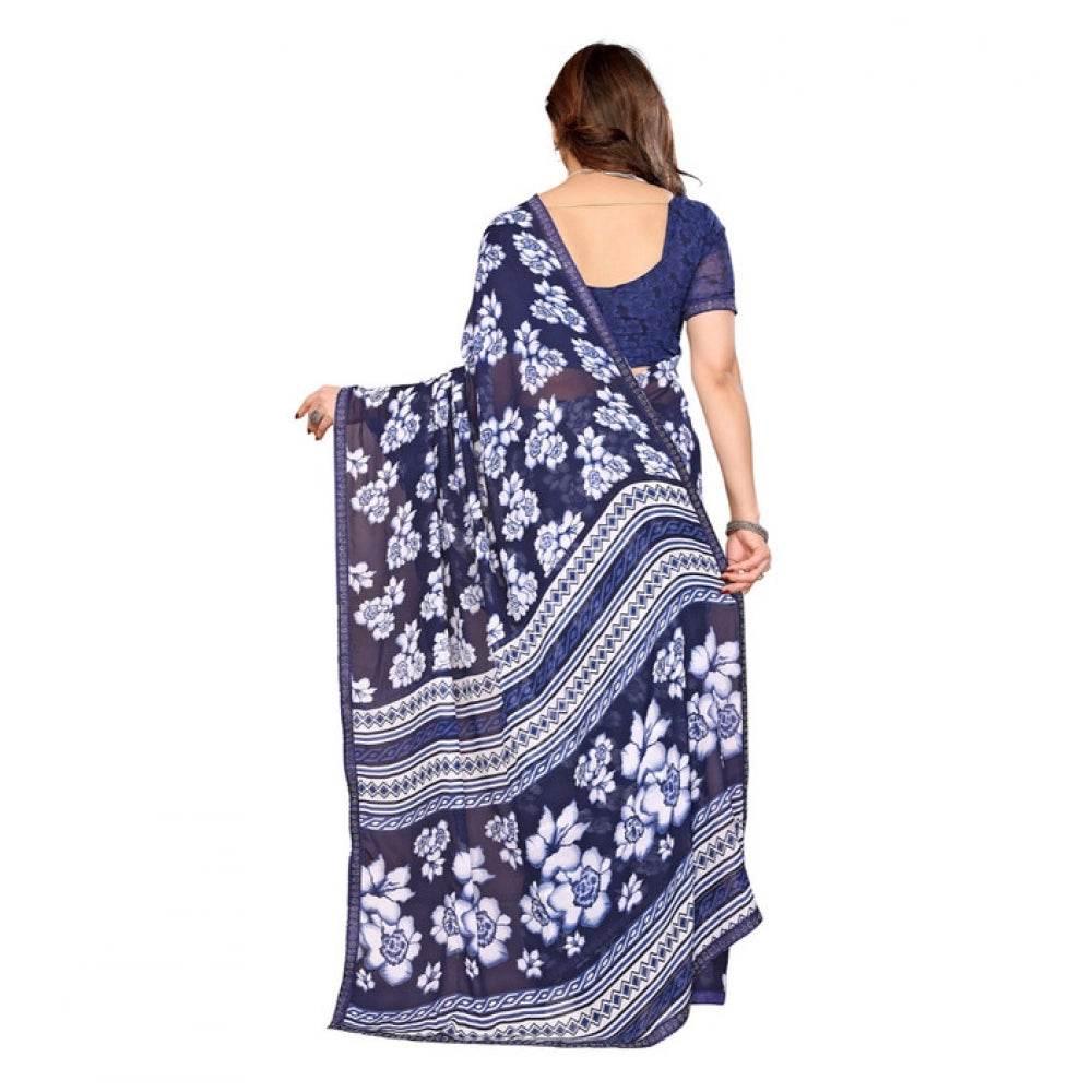 Generic Women's Georgette Printed Saree With Unstitched Blouse 5.5Mtr (Blue) - MYLUXURY LANE ENTERPRISE