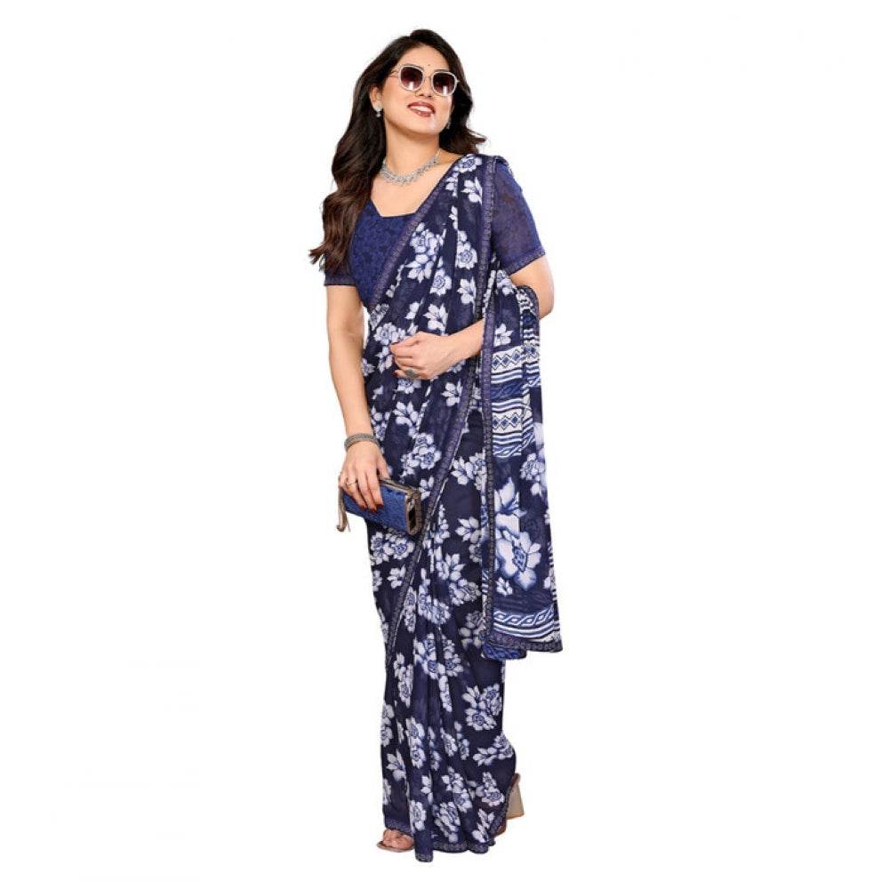 Generic Women's Georgette Printed Saree With Unstitched Blouse 5.5Mtr (Blue) - MYLUXURY LANE ENTERPRISE