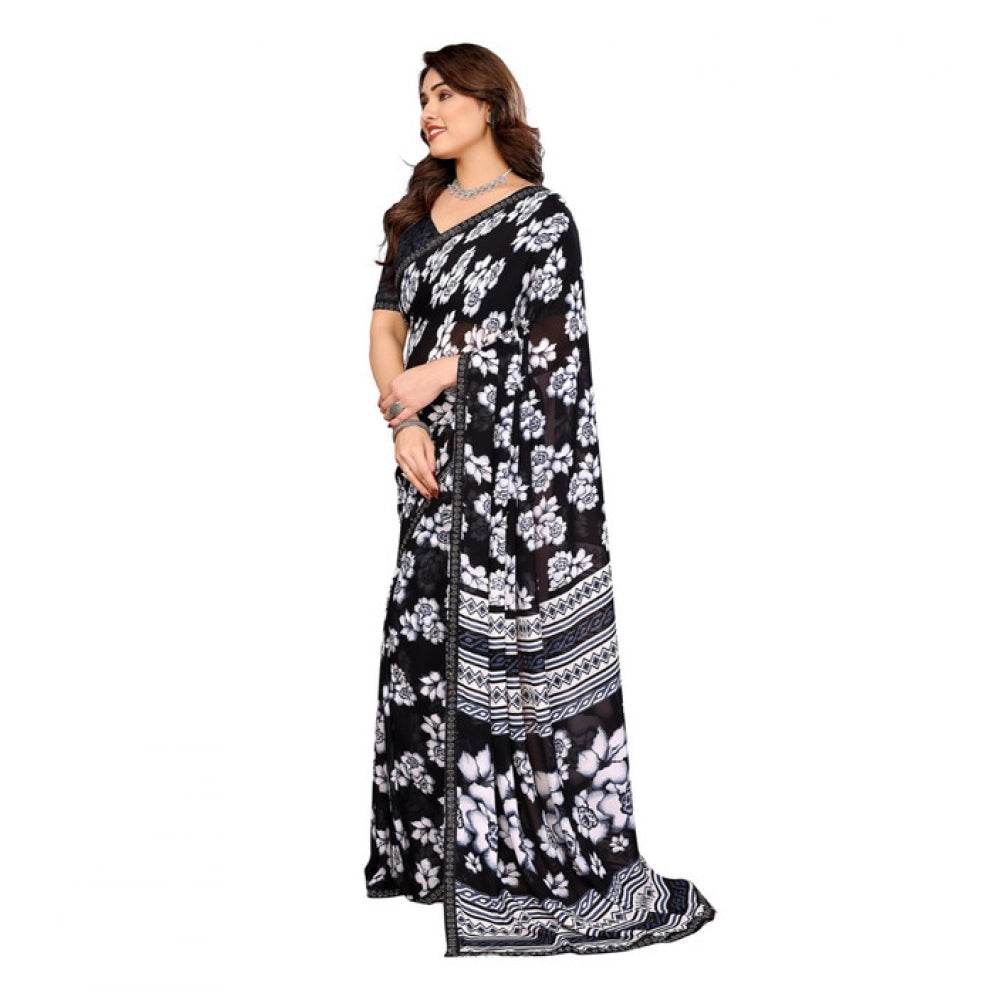Generic Women's Georgette Printed Saree With Unstitched Blouse 5.5Mtr (Black) - MYLUXURY LANE ENTERPRISE