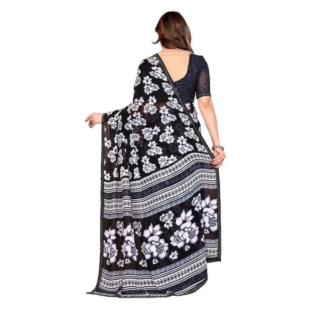 Generic Women's Georgette Printed Saree With Unstitched Blouse 5.5Mtr (Black) - MYLUXURY LANE ENTERPRISE