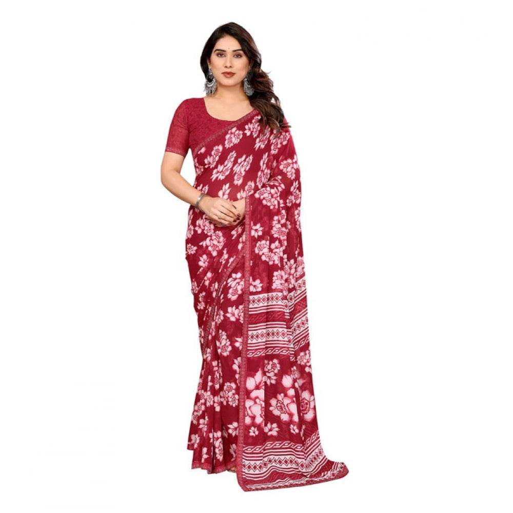 Generic Women's Georgette Printed Saree With Unstitched Blouse 5.5Mtr (Red) - MYLUXURY LANE ENTERPRISE