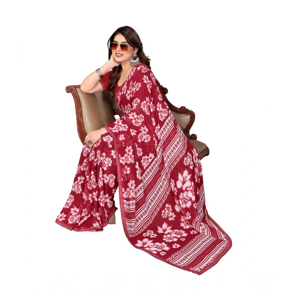 Generic Women's Georgette Printed Saree With Unstitched Blouse 5.5Mtr (Red) - MYLUXURY LANE ENTERPRISE