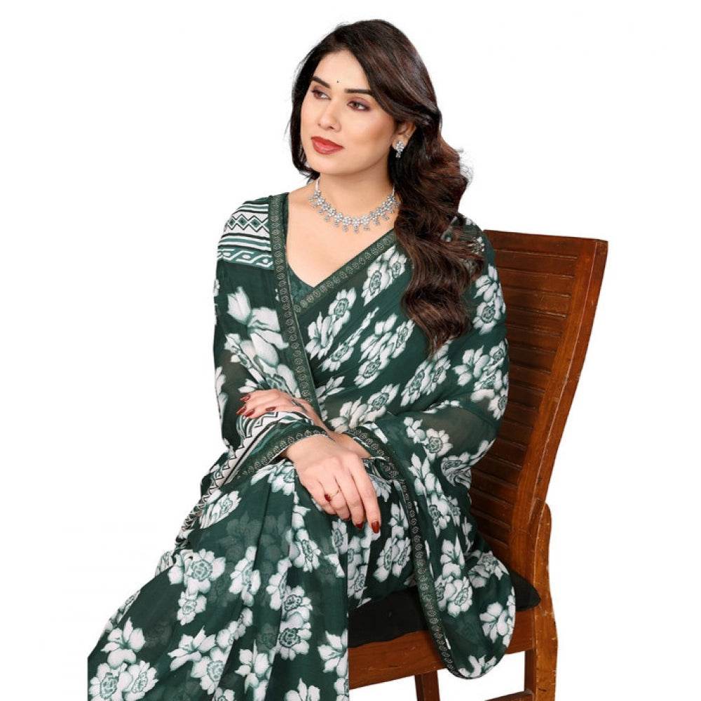 Generic Women's Georgette Printed Saree With Unstitched Blouse 5.5Mtr (Green) - MYLUXURY LANE ENTERPRISE