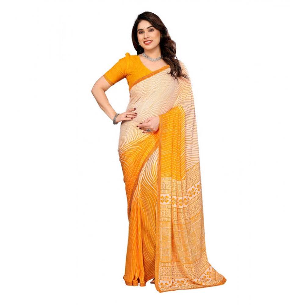Generic Women's Georgette Printed Saree With Unstitched Blouse 5.5Mtr (Yellow) - MYLUXURY LANE ENTERPRISE