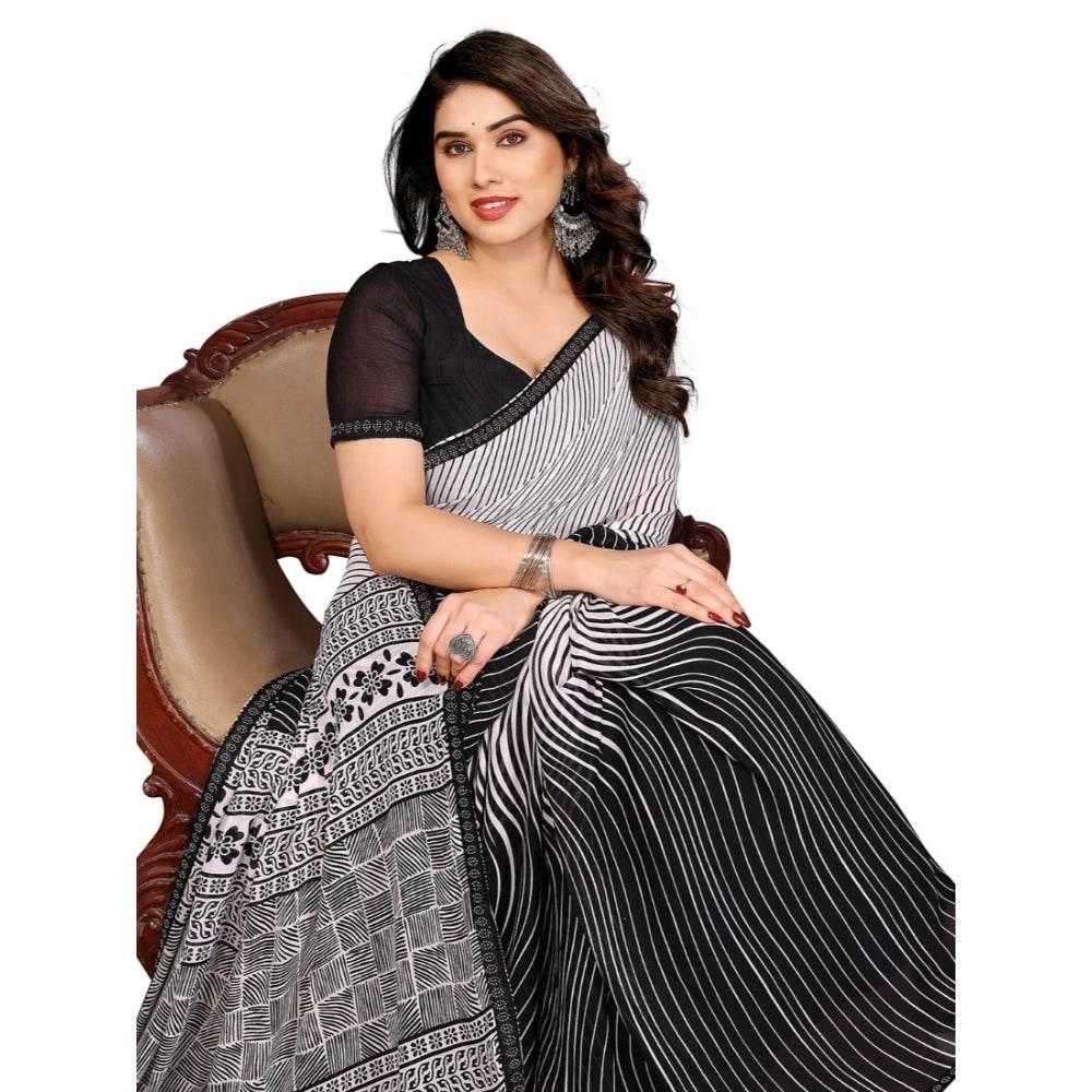 Generic Women's Georgette Printed Saree With Unstitched Blouse 5.5Mtr (Black) - MYLUXURY LANE ENTERPRISE