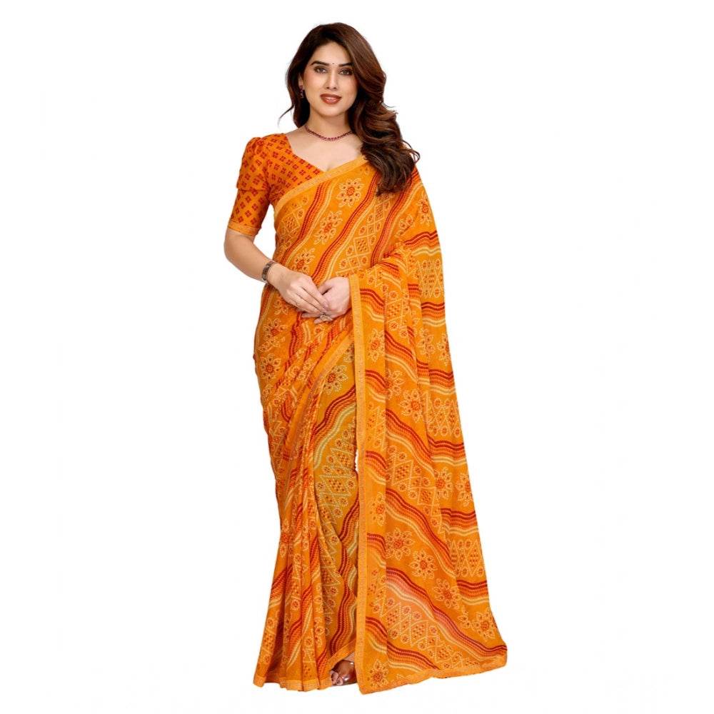 Generic Women's Georgette Printed Saree With Unstitched Blouse 5.5Mtr (Yellow) - MYLUXURY LANE ENTERPRISE