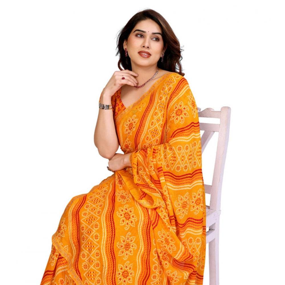 Generic Women's Georgette Printed Saree With Unstitched Blouse 5.5Mtr (Yellow) - MYLUXURY LANE ENTERPRISE