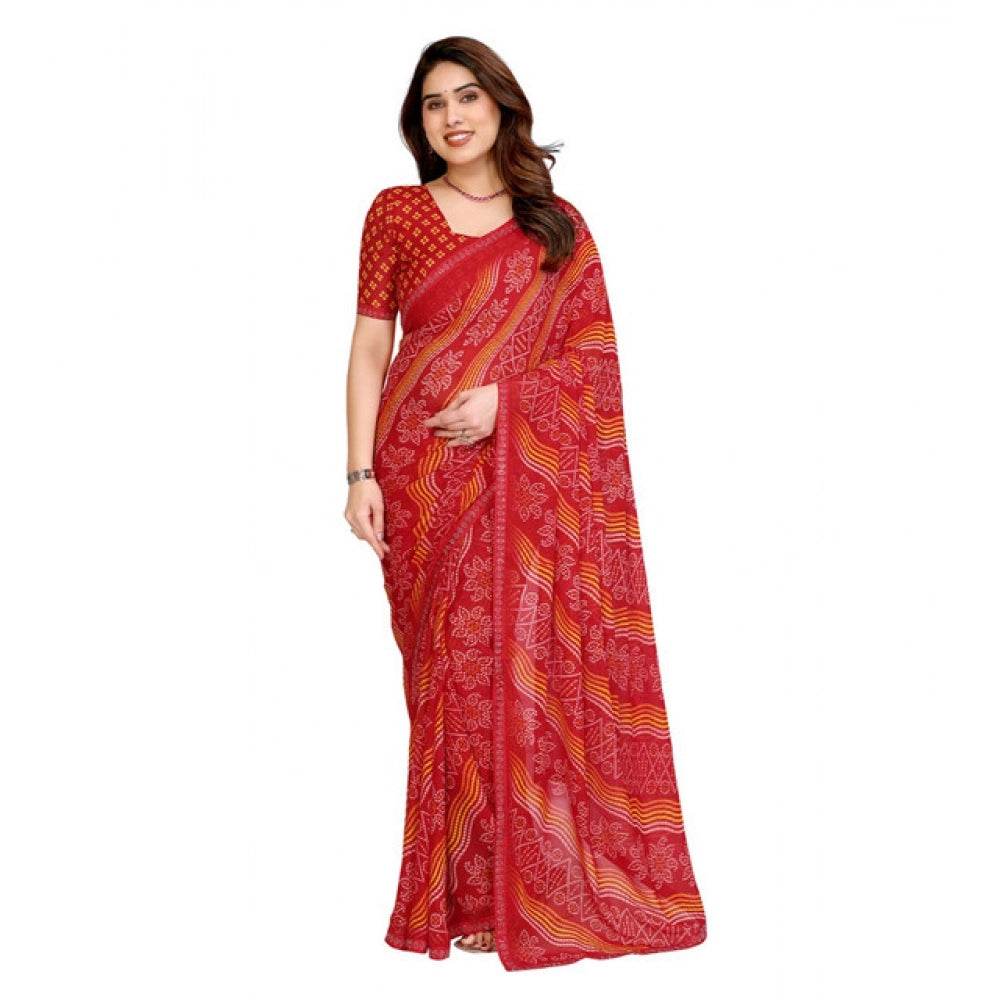 Generic Women's Georgette Printed Saree With Unstitched Blouse 5.5Mtr (Red) - MYLUXURY LANE ENTERPRISE