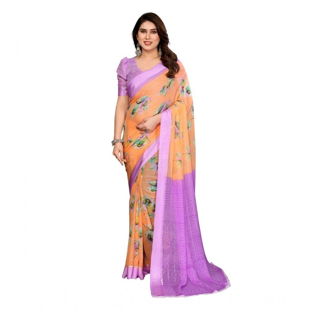 Generic Women's Georgette Printed Saree With Unstitched Blouse 5.5Mtr (Orange) - MYLUXURY LANE ENTERPRISE