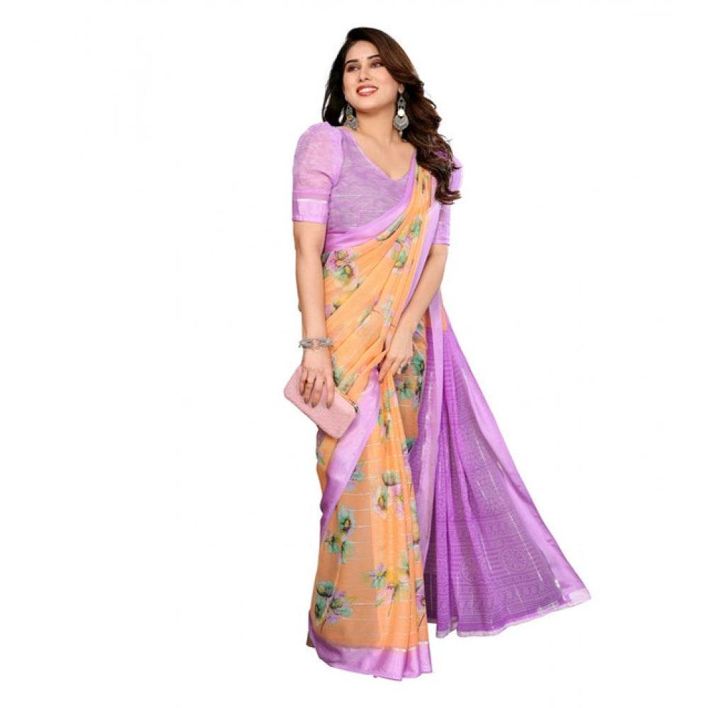 Generic Women's Georgette Printed Saree With Unstitched Blouse 5.5Mtr (Orange) - MYLUXURY LANE ENTERPRISE