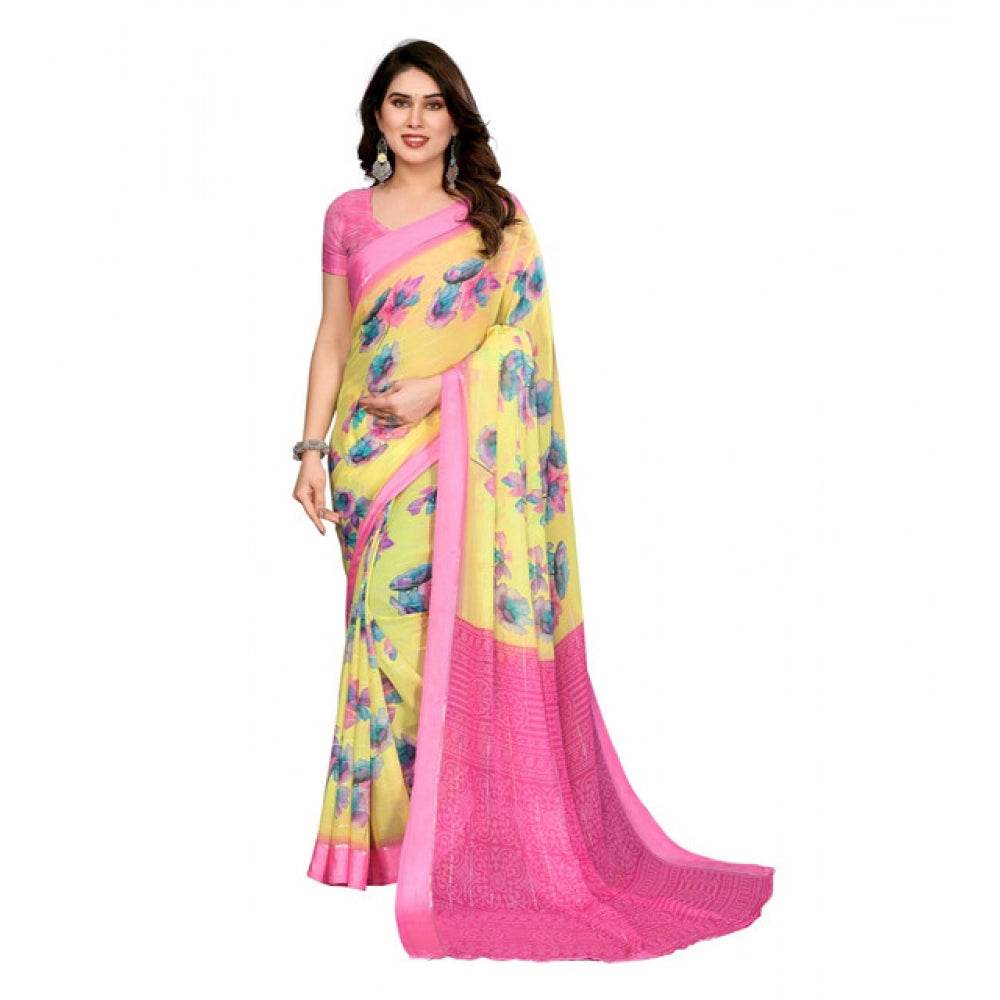 Generic Women's Georgette Printed Saree With Unstitched Blouse 5.5Mtr (Yellow) - MYLUXURY LANE ENTERPRISE