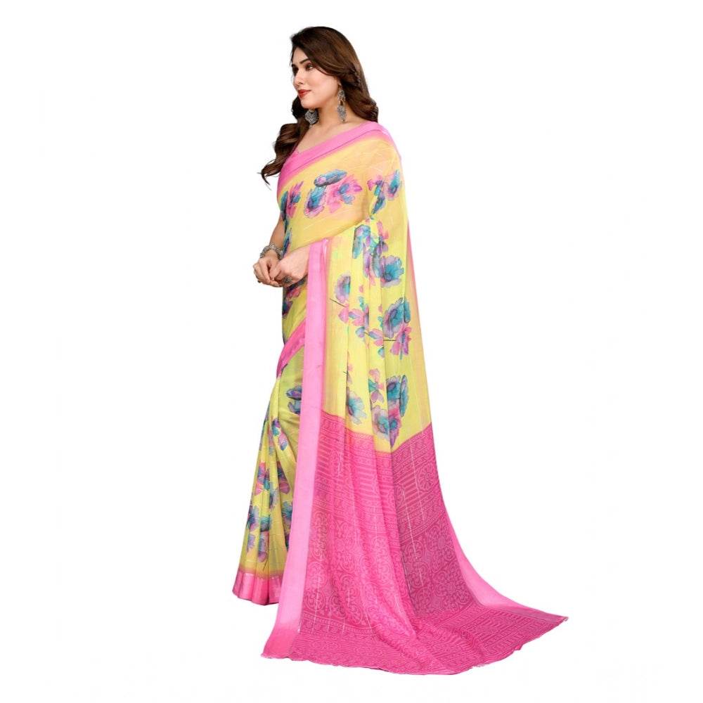 Generic Women's Georgette Printed Saree With Unstitched Blouse 5.5Mtr (Yellow) - MYLUXURY LANE ENTERPRISE