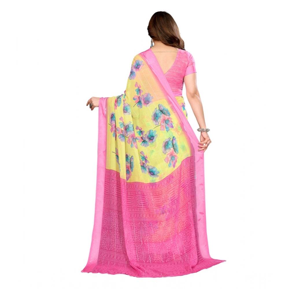 Generic Women's Georgette Printed Saree With Unstitched Blouse 5.5Mtr (Yellow) - MYLUXURY LANE ENTERPRISE