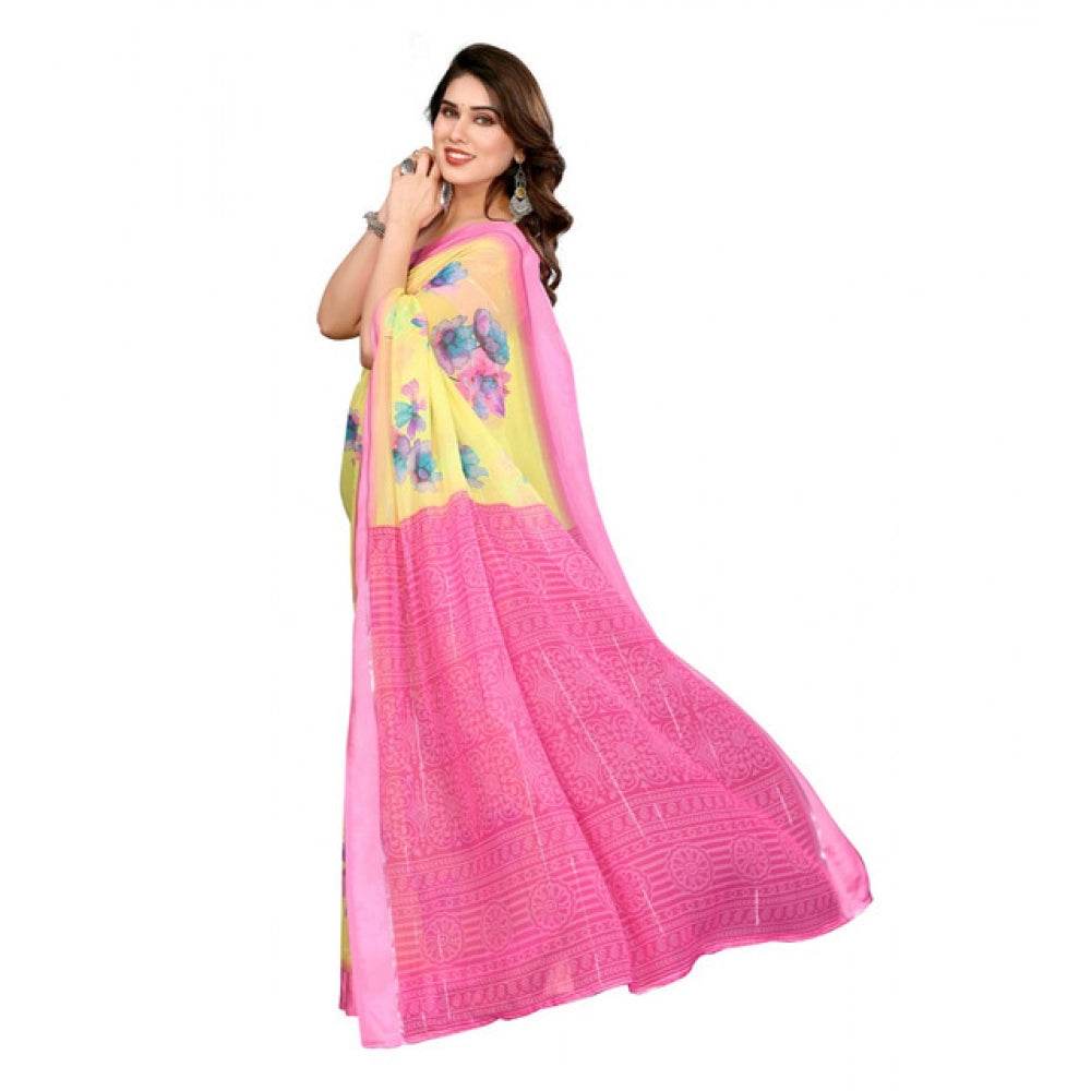 Generic Women's Georgette Printed Saree With Unstitched Blouse 5.5Mtr (Yellow) - MYLUXURY LANE ENTERPRISE