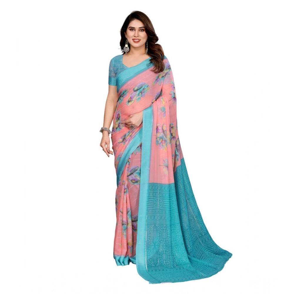 Generic Women's Georgette Printed Saree With Unstitched Blouse 5.5Mtr (Pink) - MYLUXURY LANE ENTERPRISE