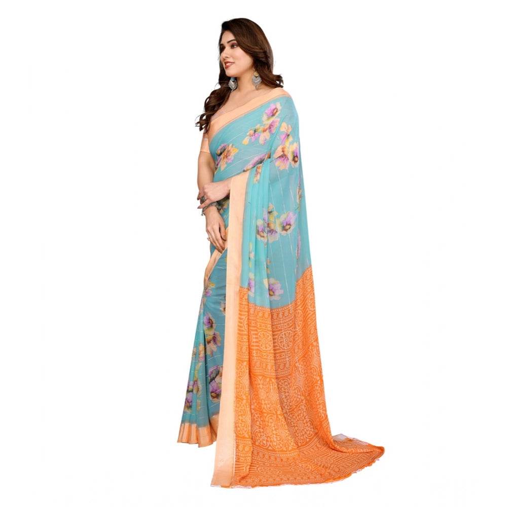 Generic Women's Georgette Printed Saree With Unstitched Blouse 5.5Mtr (Light Blue) - MYLUXURY LANE ENTERPRISE