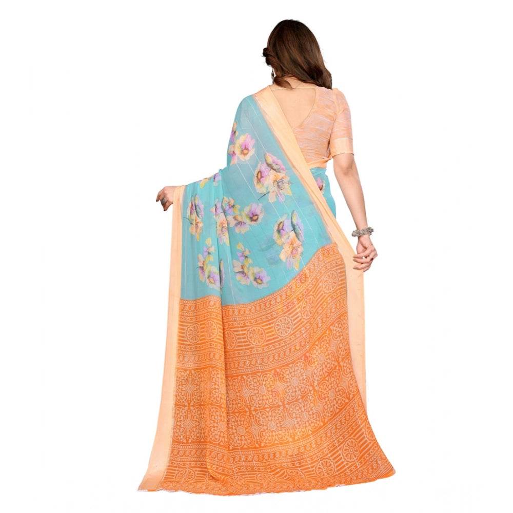 Generic Women's Georgette Printed Saree With Unstitched Blouse 5.5Mtr (Light Blue) - MYLUXURY LANE ENTERPRISE
