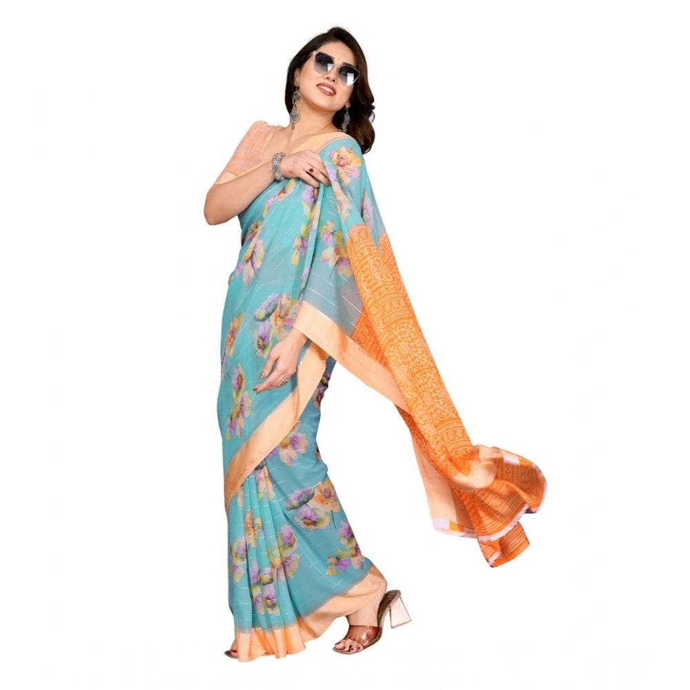 Generic Women's Georgette Printed Saree With Unstitched Blouse 5.5Mtr (Light Blue) - MYLUXURY LANE ENTERPRISE