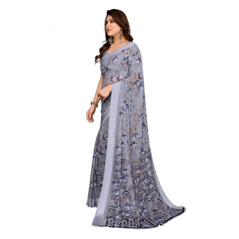 Generic Women's Georgette Printed Saree With Unstitched Blouse 5.5Mtr (Grey) - MYLUXURY LANE ENTERPRISE